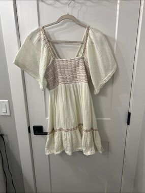 Free People Cream Gauze Babydoll Dress with Smocked Bodice